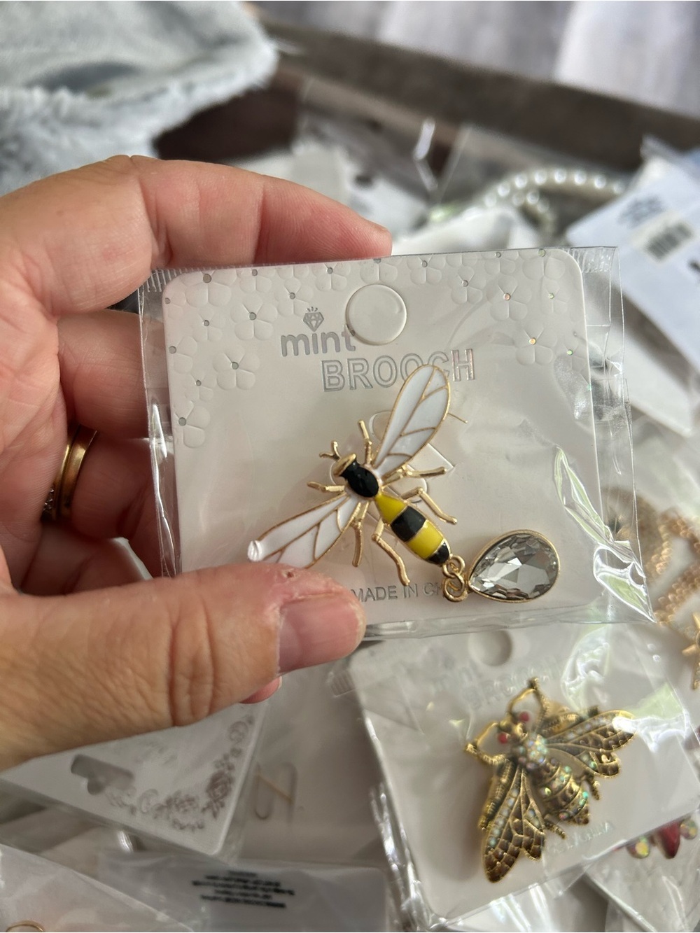 4/$50 Mint Gold-Tone Bee Pin with Yellow, Black & White Enamel